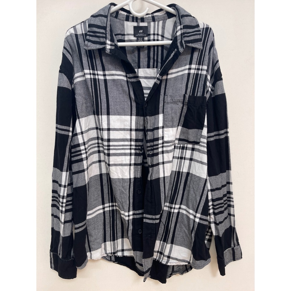 H&M Relaxed Fit Plaid Flannel Shirt Black White XXL Button Down Long Sleeve